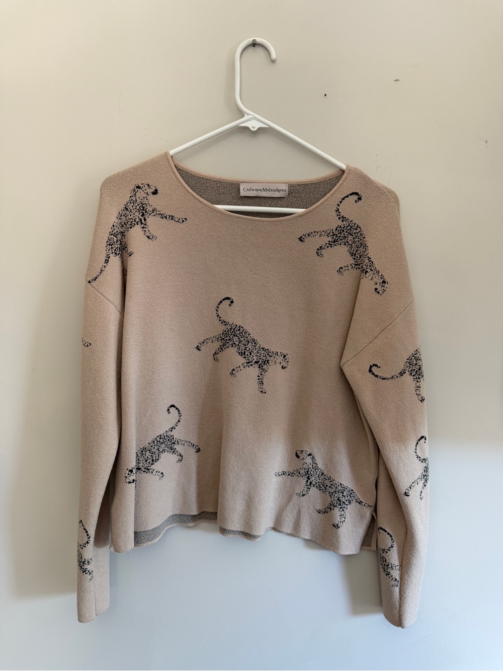 Catherine Malandrino Taupe Crewneck Sweater with Leopard Motif